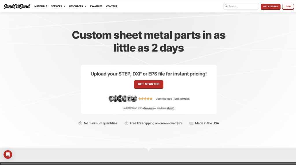 A website landing page advertising custom sheet metal parts ready in as little as 2 days, featuring a file upload button for instant pricing—perfect for those seeking SendCutSend alternatives. Highlighted selling points appear below.